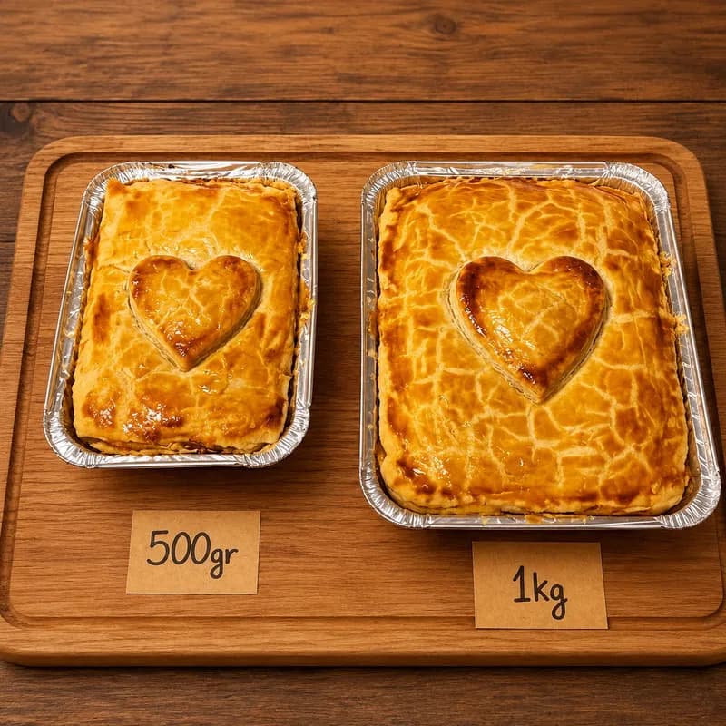 Chicken pie in 500 g and 1 kg trays, each with a pastry heart on the lid