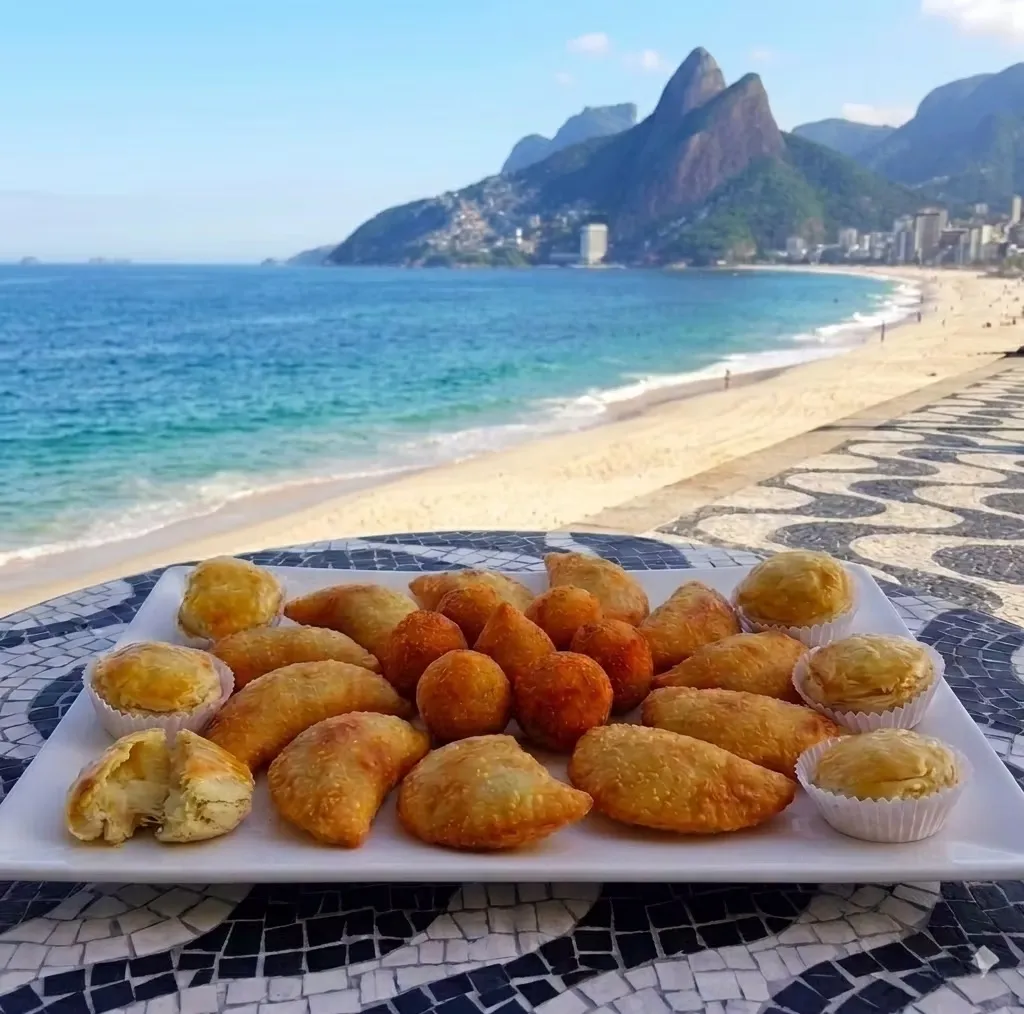 A platter of empadinhas, coxinhas and risoles on the Ipanema promenade, with Dois Irmãos behind